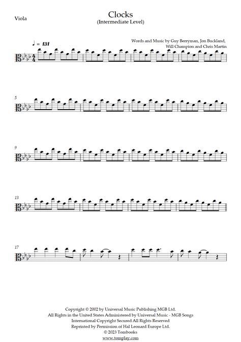 Clocks (Intermediate Level) (Coldplay) - Viola Sheet Music