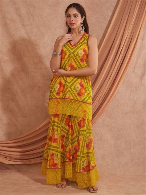 Yellow Printed Cotton Kurta with sharara- Set of 2