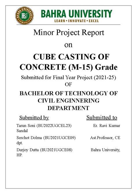 Minor Project Report: Cube Casting of Concrete (B.Tech CE) - Studocu