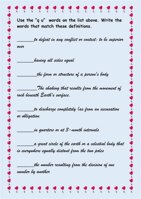 Spelling qu words and definitiona worksheet | Live Worksheets
