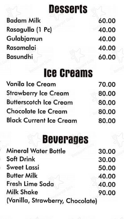 Menu at Manjeera restaurant., Vijayawada