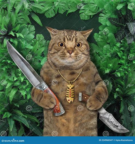 Cat Holds Hunting Knives in Wood Stock Image - Image of fishing, rest ...