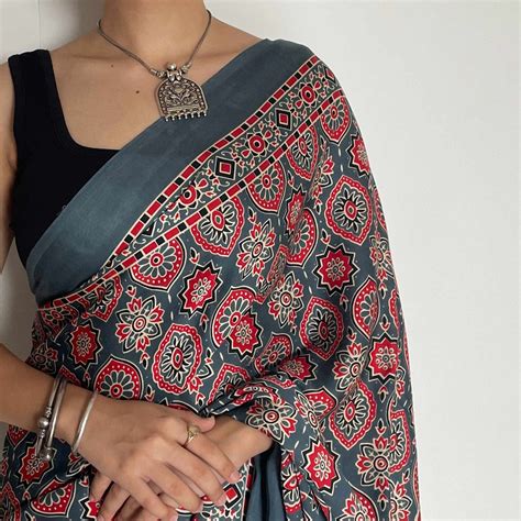 Mohana- Grey Blue & Red Modal Ajrak Saree | Shobhangini