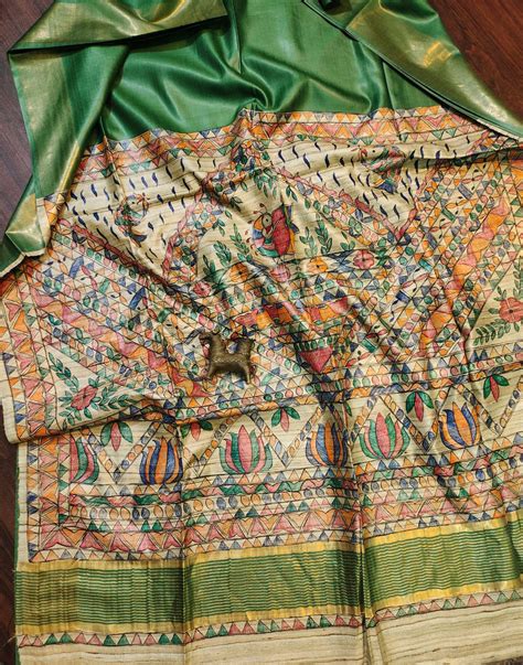 Bottle Green Madhubani Hand Painted PalluTussar Ghicha Silk Saree ...