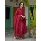 Maroon Mukaish Work Cotton Silk Kurta with Palazzo- Set of 2