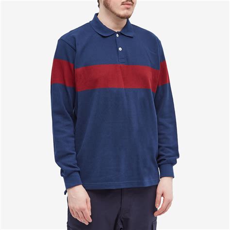 Beams Plus Pique Stripe Long Sleeve Polo Navy | END. (US)