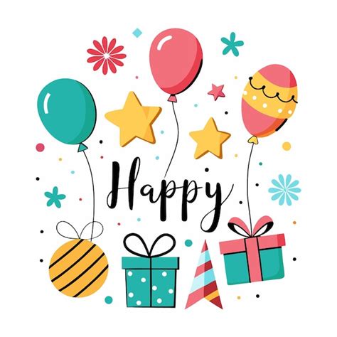 Colorful happy birthday illustration with balloons stars and gifts ...