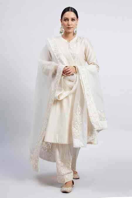 Buy White Kurta Chanderi Salwar Bamber Satin Dupatta Kaina Set For ...