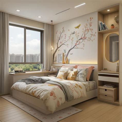 Bright and Cheerful Bedroom Design with Floral Mural and City View ...