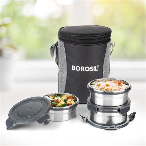 Buy Borosil Feast Stainless Steel Lunch Boxes with Carry Bag, Set of 3 ...