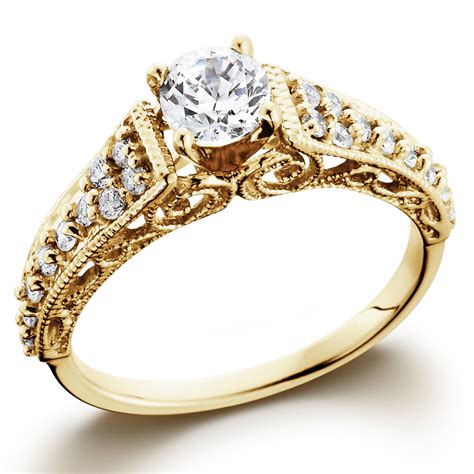 5/8ct Vintage Diamond Engagement Ring 14K Yellow Gold Filigree Deco ...