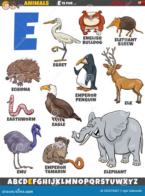 Cartoon Animal Characters for Letter E Educational Set Stock Vector ...