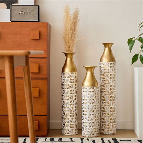 Everly Quinn Medhansh 3-Piece Handmade Gold Floor Vase, Large Metal ...