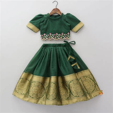 Pre Order: Floral Embroidered Scalloped Hem Top And Pleated Lehenga
