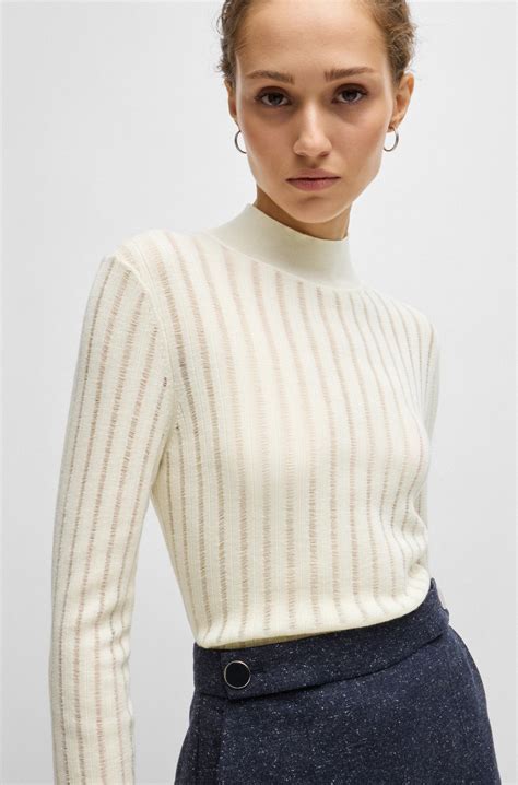 BOSS - Virgin-wool sweater with structured stripes - White