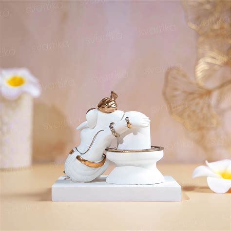 Luxurious White & Gold Ganesh With Shivling Gajanana Idol (4 Inch)