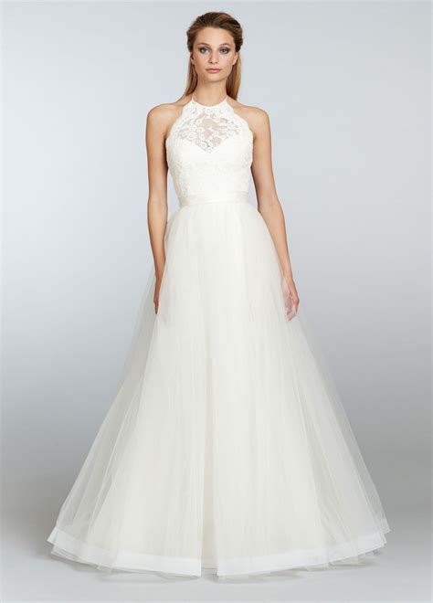 Ivory Mikado organza trumpet bridal gown with full tulle overlay, lace halter bodice over sw ...