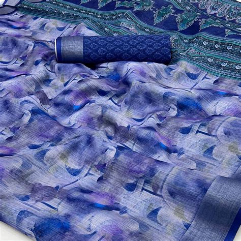 Blue Digital Printed Linen Saree With Woven Border