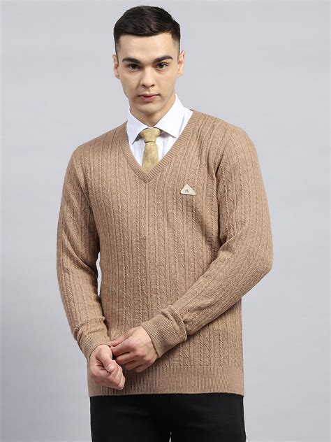 Buy Men Beige Self Design V Neck Full Sleeve Pullover Online in India ...