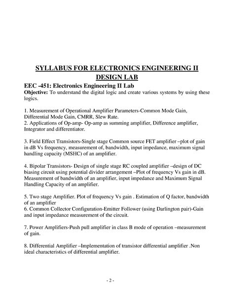 SYLLABUS FOR ELECTRONICS ENGINEERING II DESIGN LAB - SYLLABUS FOR ...