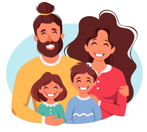 Happy family with son and daughter. Parents hugging children. Vector ...