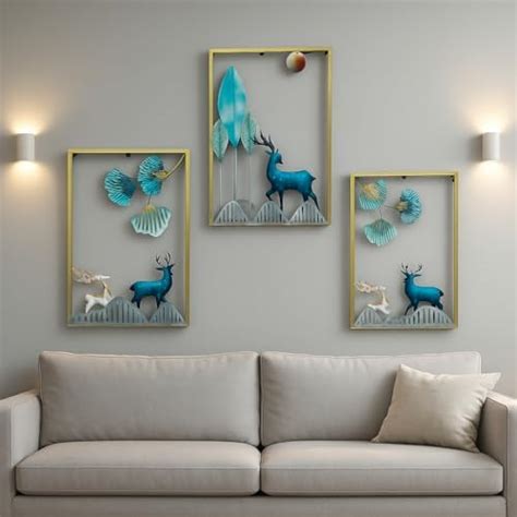 RSN Handcrafted 3-Piece Metal Wall Art Set with Deer & Leaf Design ...