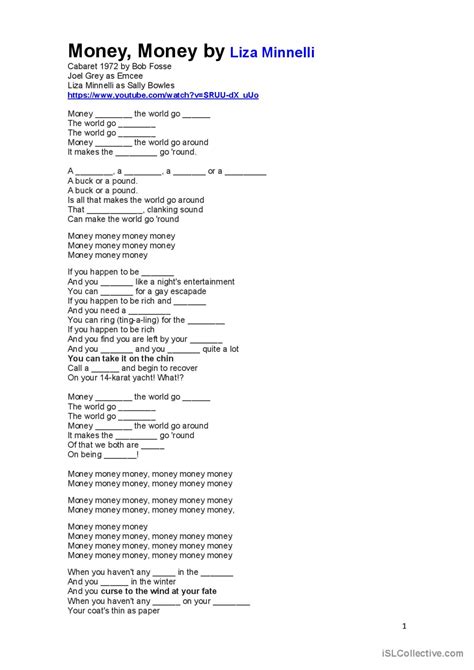 Money- Cabaret musical by Liza Minel…: English ESL worksheets pdf & doc