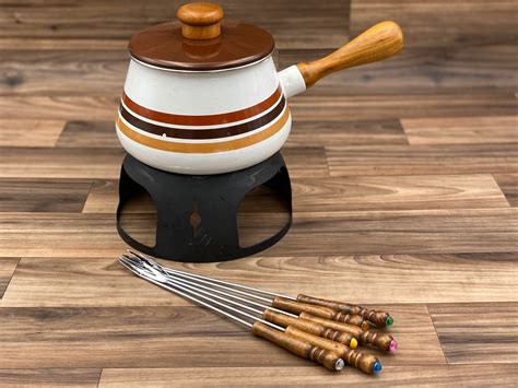 1970s Vintage Fondue set, Brown Enamel Pot with stand, Fondue Party ...