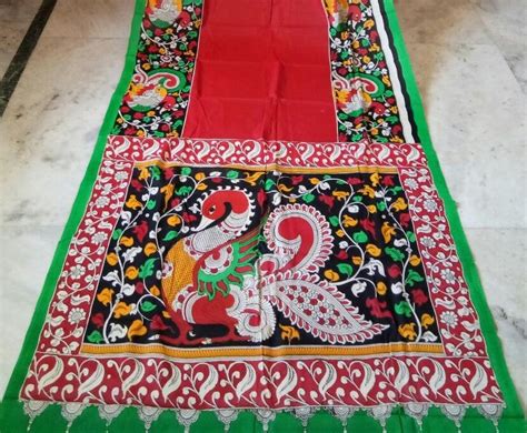 Multicoloured Intricate Peacock Hand-Painted Mal-Mal Cotton Kalamkari ...