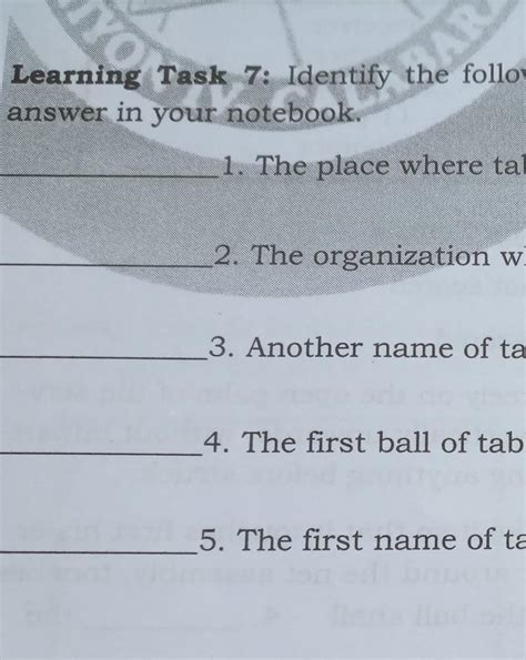 Learning Task 7: Identify the following concepts about table tennis ...