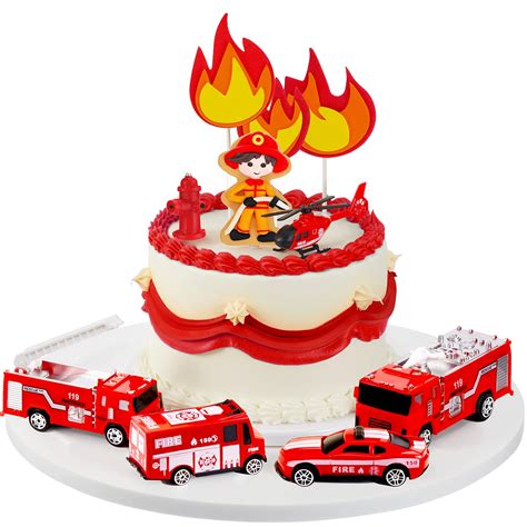 15 Pieces Fire Truck Cake Topper Fireman Cupcake Firetruck Birthday ...