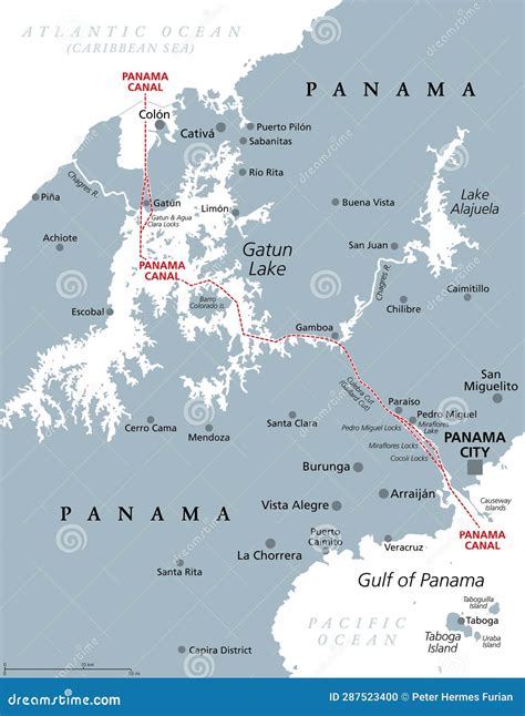 Panama Canal, Artificial Waterway in Panama, Gray Political Map Stock ...