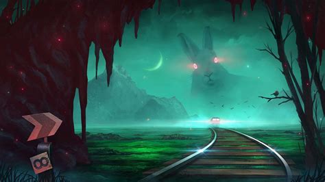 Download wallpaper 1920x1080 train, rabbit, illusion, night, art full ...