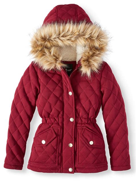 Bhip Girls Quilted Fleece Jacket with Hood and Removable Faux Fur Trim ...