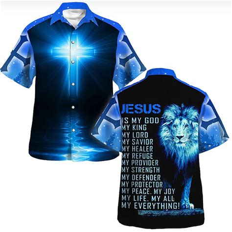 Men's Lion Letter Jesus Shirt Button Up Shirt Short Sleeve Fashion ...