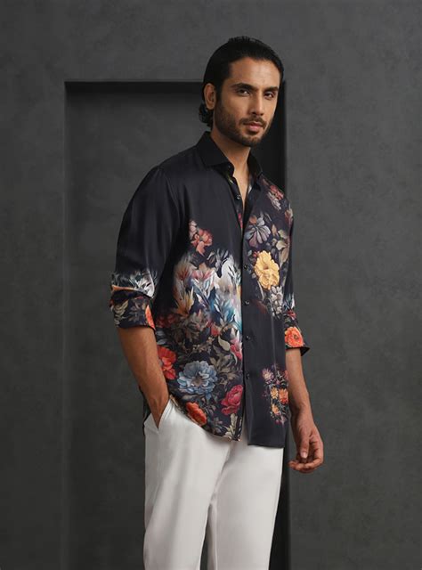 Multi Black Slim Fit Tencel Shirt with Artistic Print Design