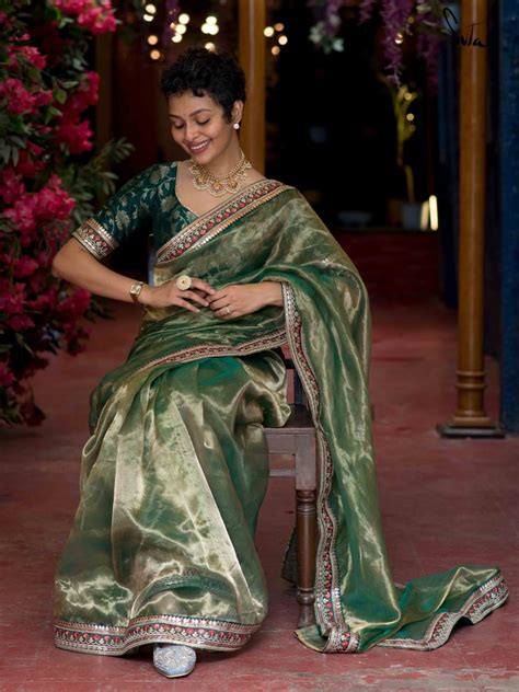 Shimmer Green Chanderi Silk Saree With Lace Border|Jade|Suta