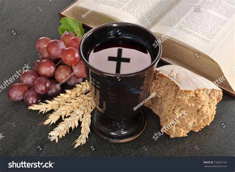 Bread, Wine And Bible For Sacrament Or Communion Stock Photo 192661703 ...
