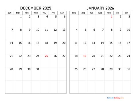 Printable Calendar December 2025 January 2026