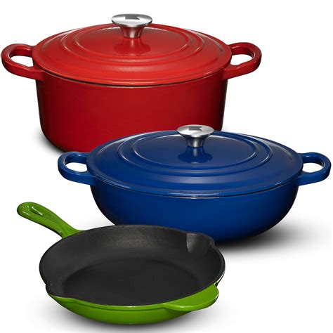 Enameled Cast Iron Cookware Set - 5 Pieces Solid Colored Braiser Dish ...