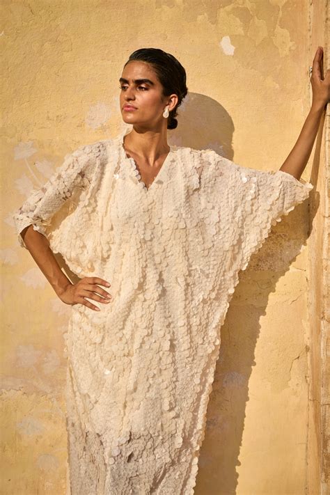 dash and dot - Ivory Paillette Kaftan Dress