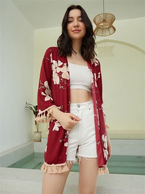Women Maroon & Beige Floral Printed Open-Front Neck Straight Hem ...
