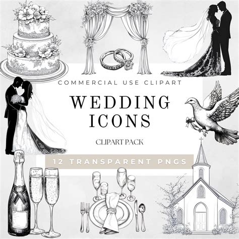 Wedding Clipart PNG Set Elegant Bridal Icons Black and White Wedding ...