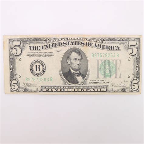 1934-C US Federal Reserve Note Five Dollar Bill | Property Room