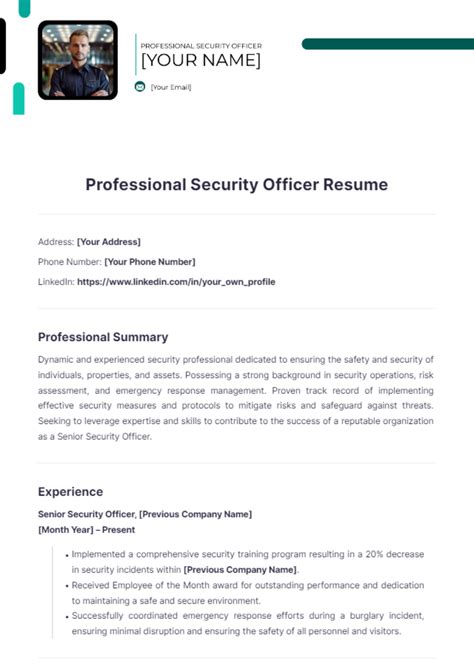 Free Professional Security Officer Resume Template to Edit Online