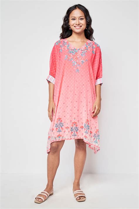 Buy Coral Floral Curved Tunic Online In India at Global Desi ...