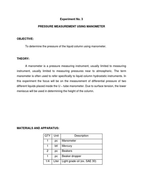 Experiment No 3 - Manometer Group 1 | PDF | Pressure Measurement | Pressure