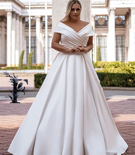 Plus Size, Curvy Satin A-line, Ballgown Wedding Dress, Corset Back, Off the Shoulder W… | Satin ...