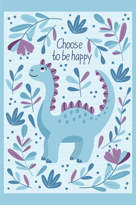 Motivation card with adorable blue dinosaur, illustration in hand drawn ...