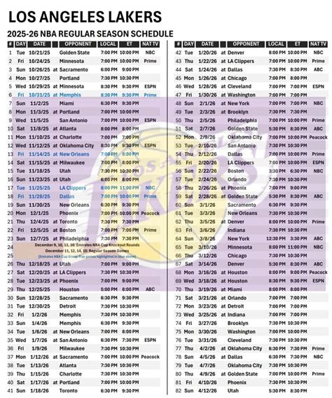 Printable 2025-26 LA Lakers Schedule; TV Broadcasts and Matchups ...